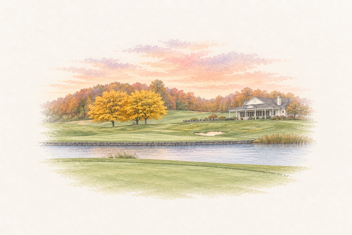 A delicate watercolor golf course, with a white veranda clubhouse, two golden autumn trees, and a green across a pond beneath a pastel sky.