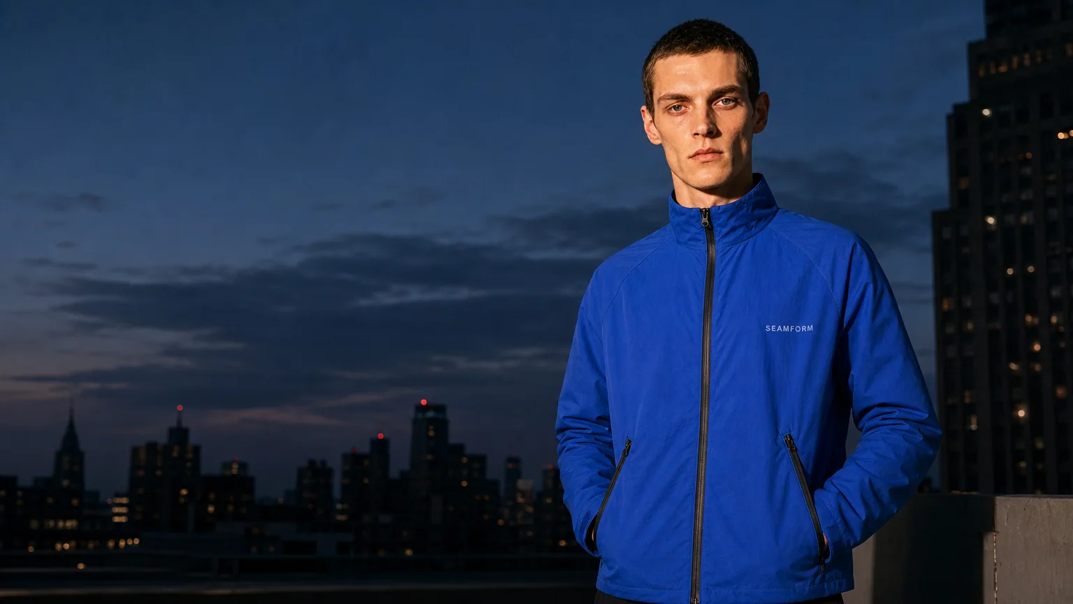A model standing against a dusk city skyline in the SEAMFORM SF-01.