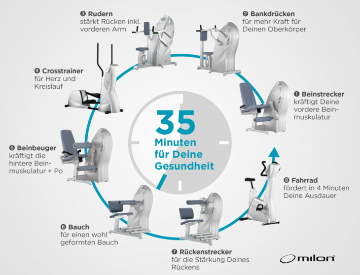 Übersichtsgrafik zum milon-Trainingszirkel: Acht Stationen wie Beinstrecker, Bankdrücken und Fahrrad in einem 35-minütigen Ablauf für die Gesundheit.