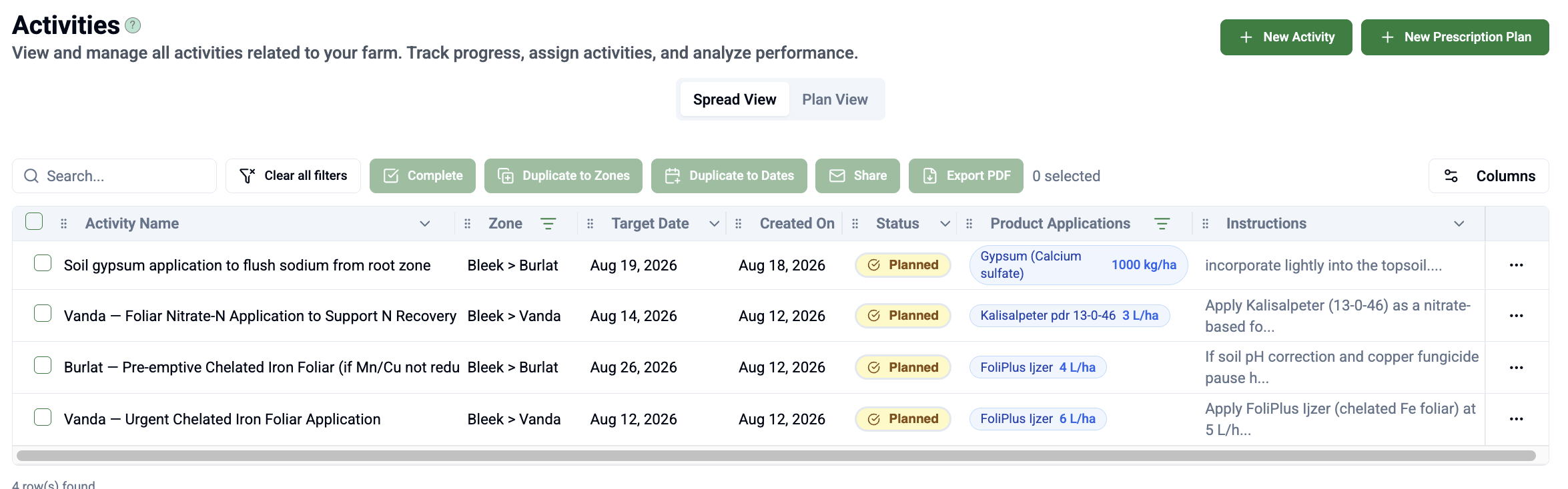 SoilBeat Activities screen showing fertilisation and crop-protection tasks created from a published recommendation
