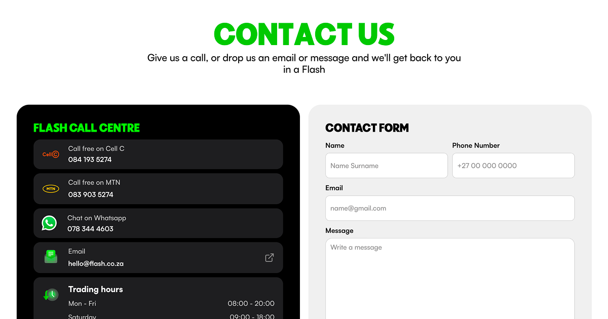 Flash Contact Centre | Call, Email or Message Flash Support