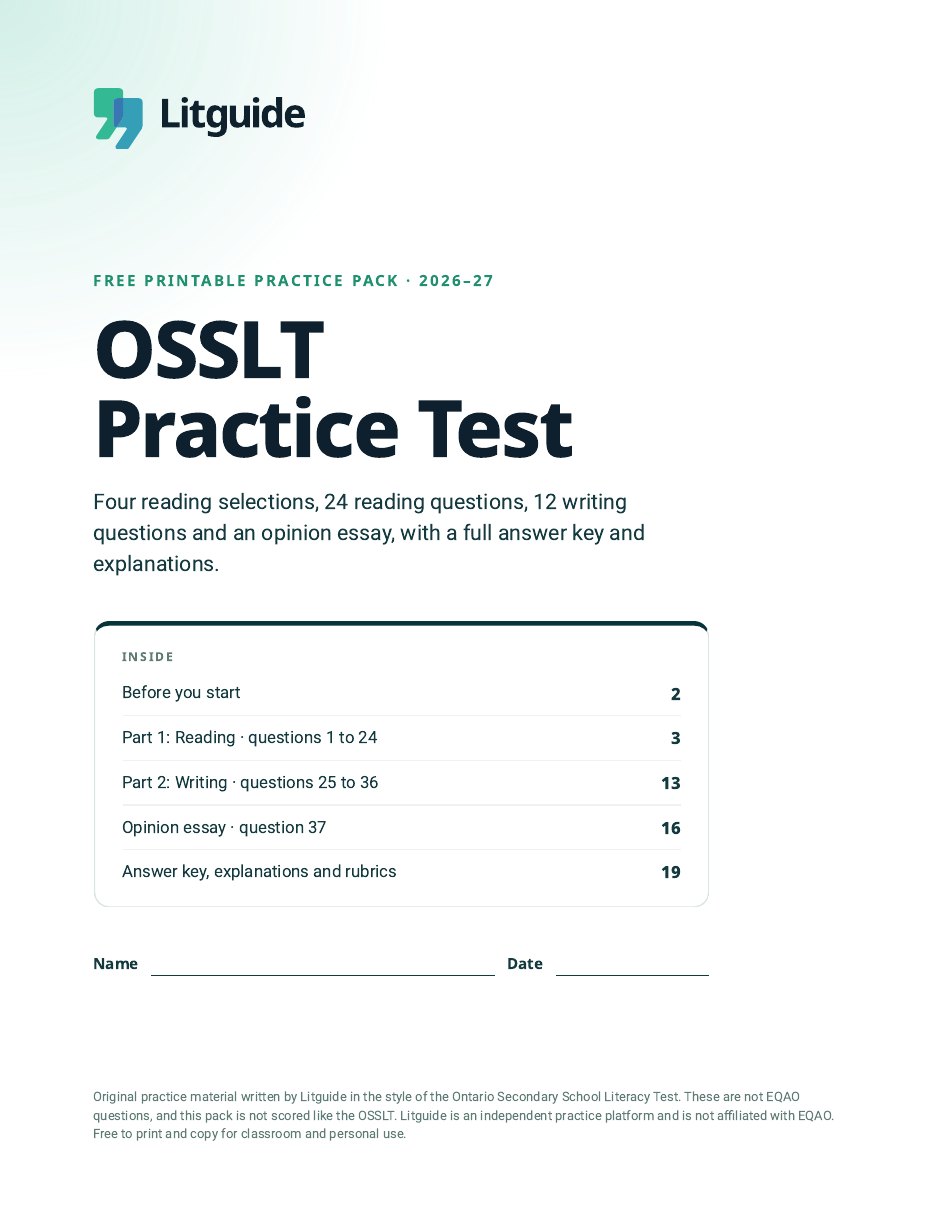 Cover page of the Litguide OSSLT practice test PDF