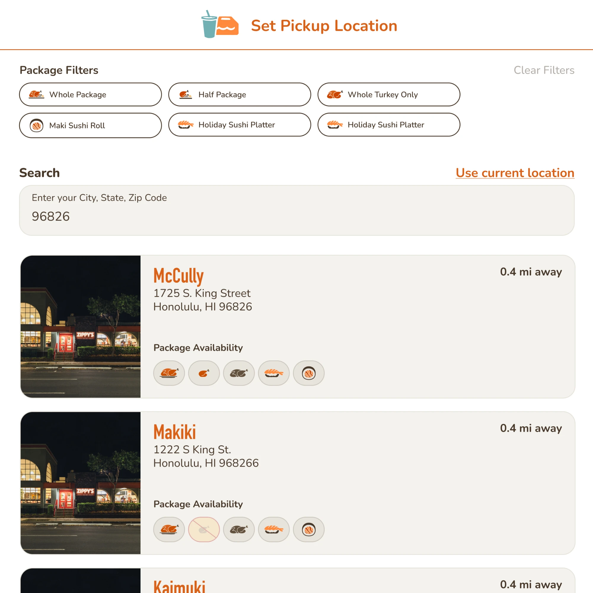 My version: package filters as chips and package availability shown as icon-only circles on each location card.