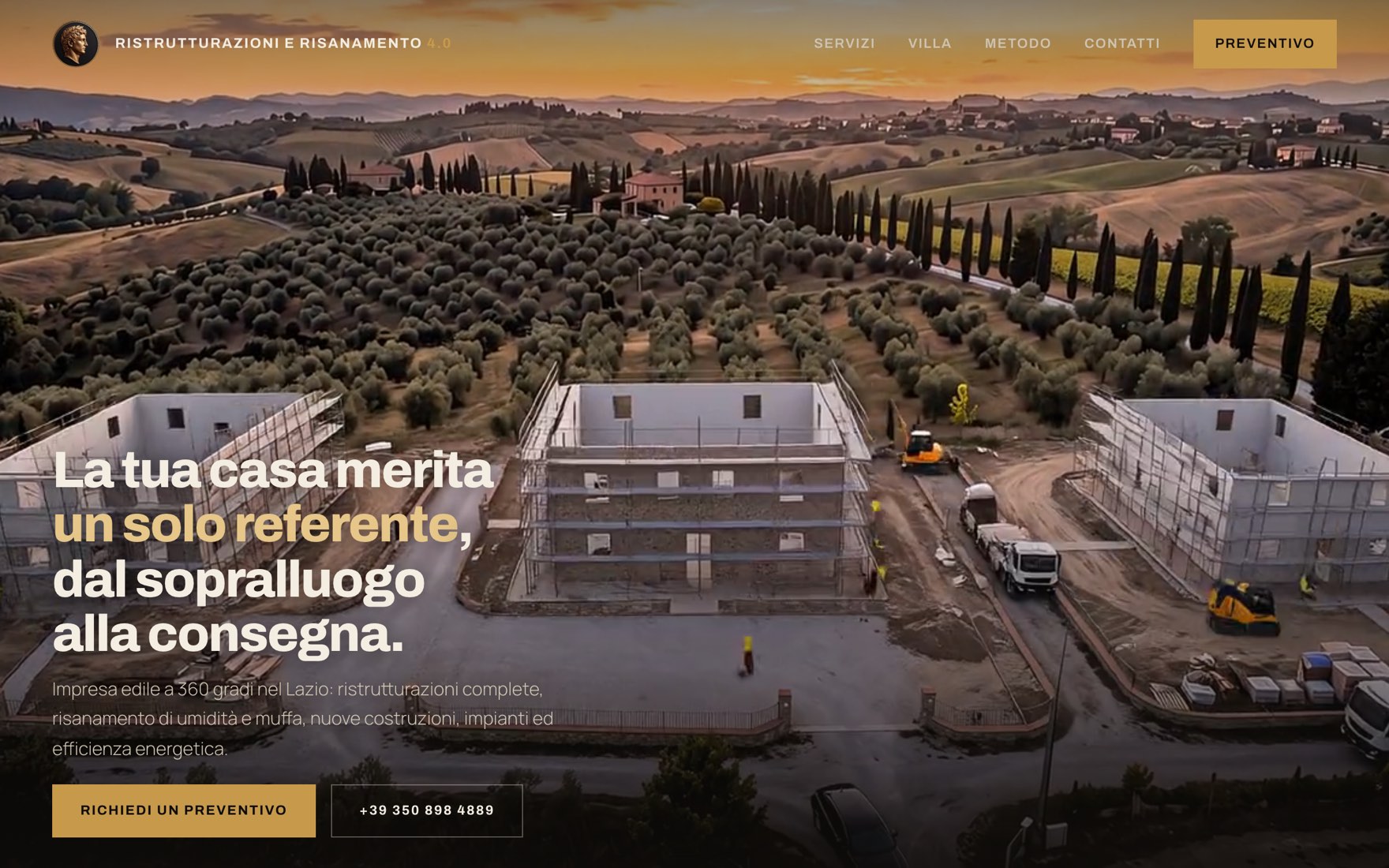 Sito Ristrutturazioni e Risanamento 4.0: cantiere tra le colline al tramonto, palette nero e oro