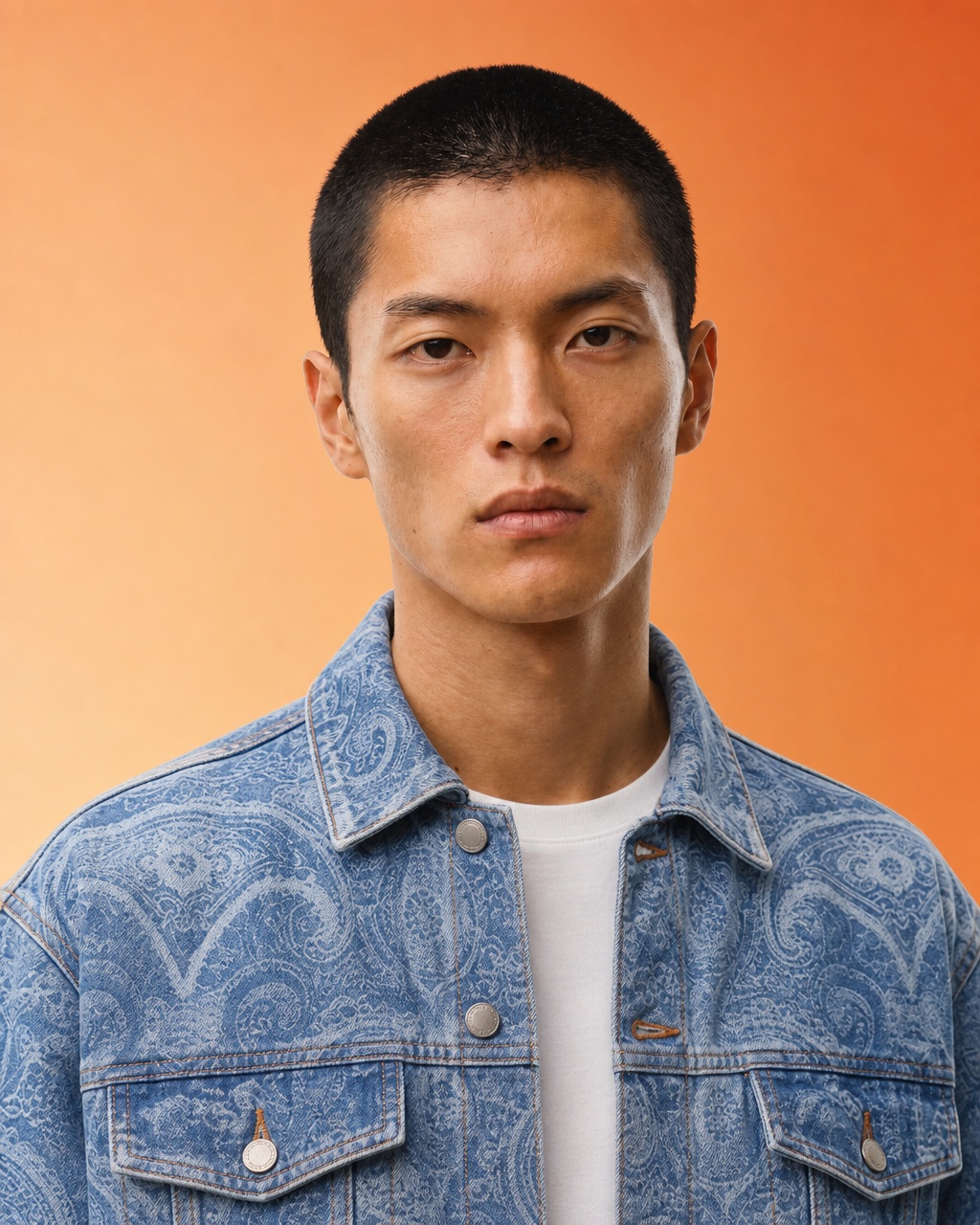 Close studio portrait of the model in a blue paisley denim jacket over a white t-shirt in a warm studio.