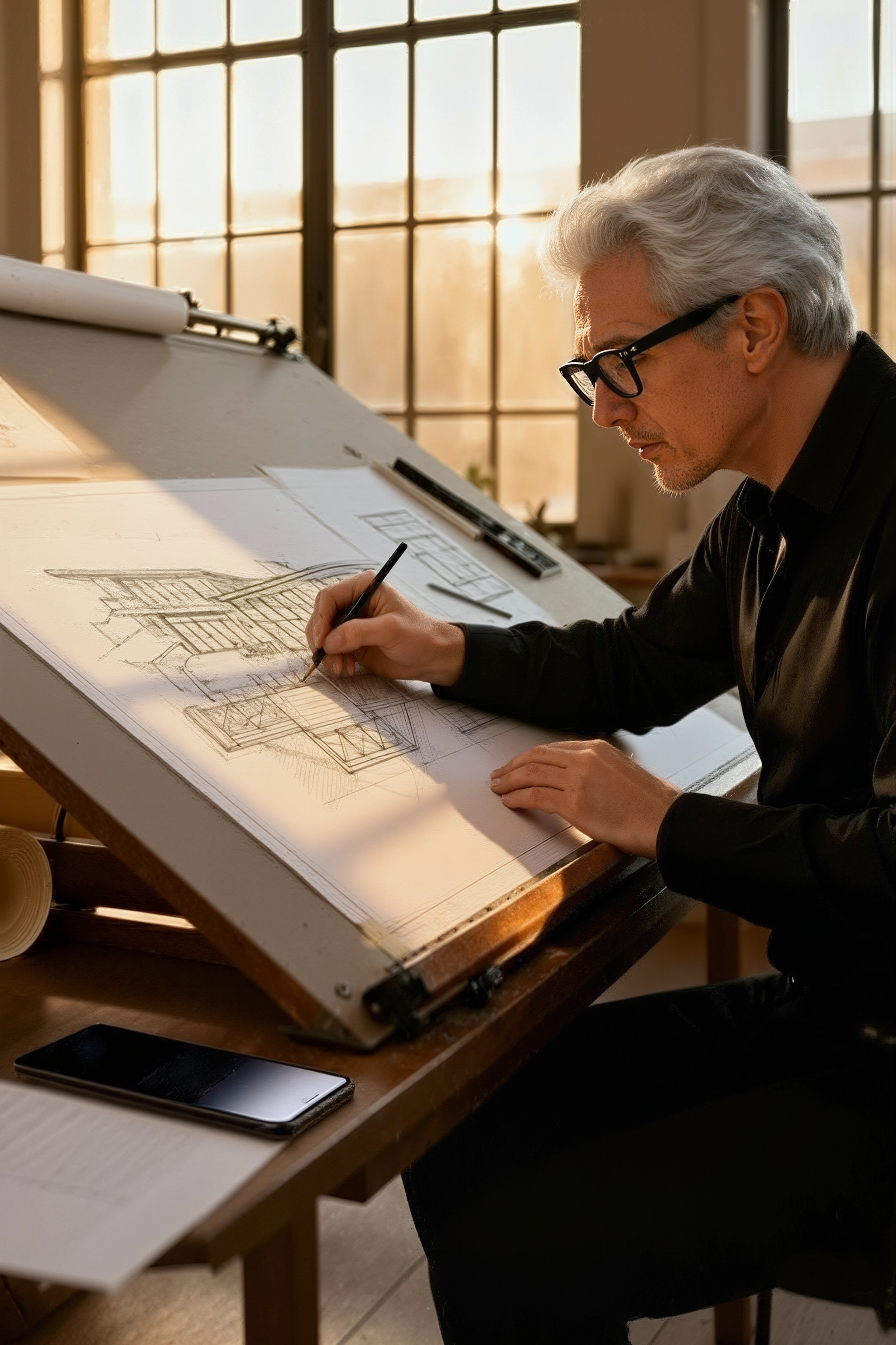Senior architect hand-drafting a building elevation at a classic drafting table in warm natural light.