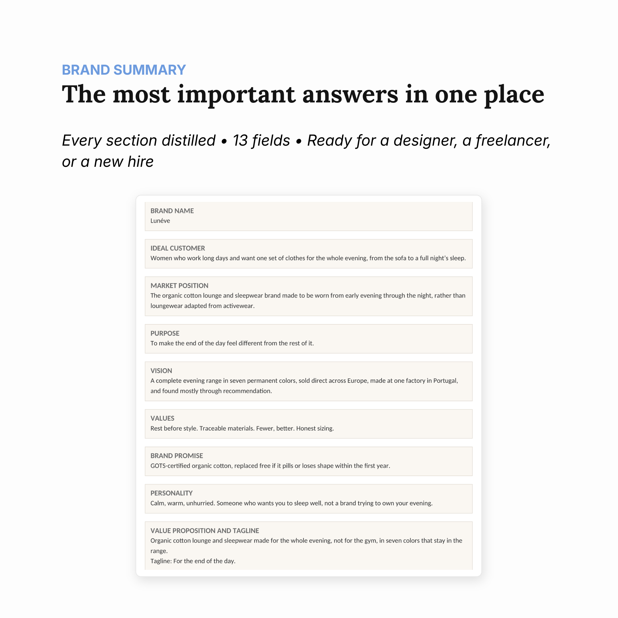 Brand Summary sheet