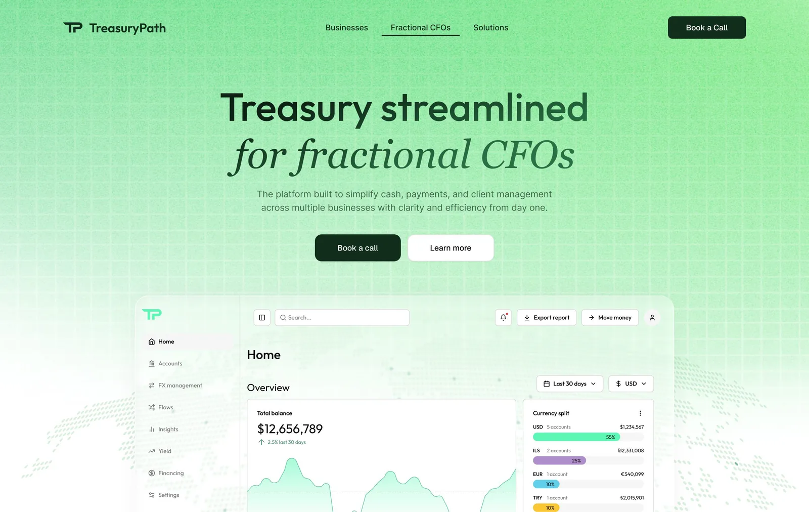 TreasuryPath landing page design: Treasury streamlined for fractional CFOs, with the product dashboard
