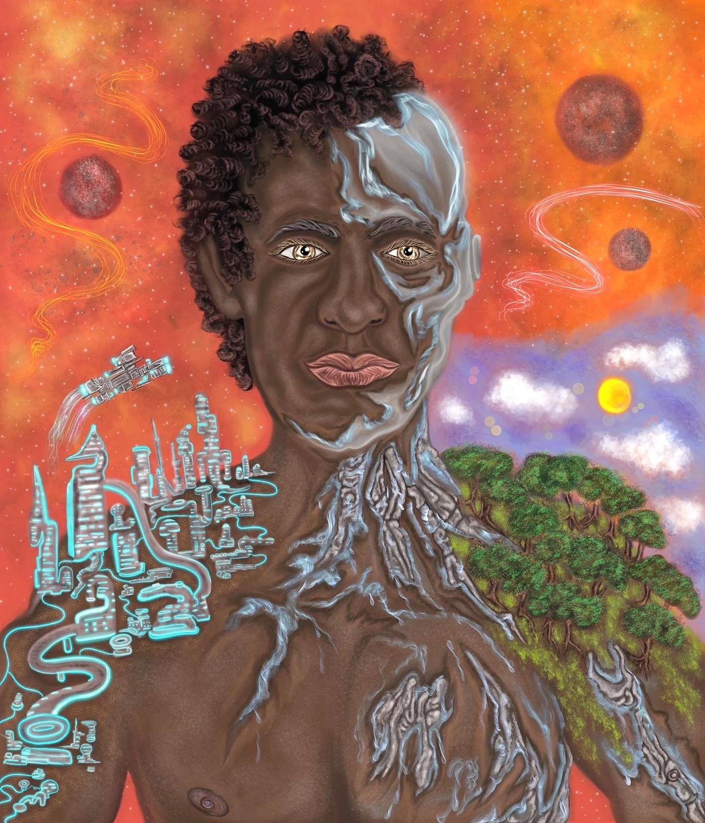 Painting of a man whose skin turns to silver and cities beneath orange planets