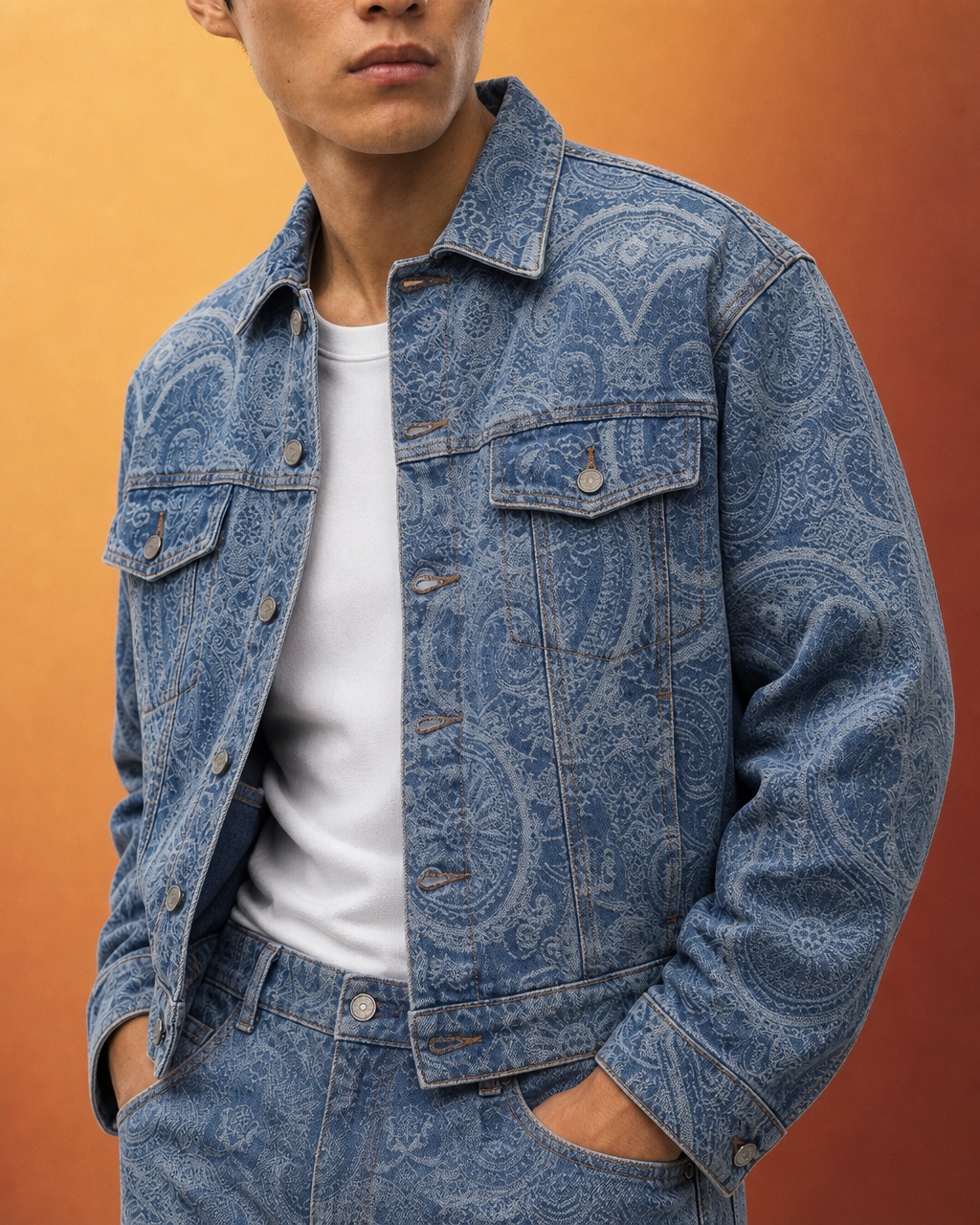 Three-quarter studio portrait of the model in a blue paisley denim jacket over a white t-shirt in a warm studio.