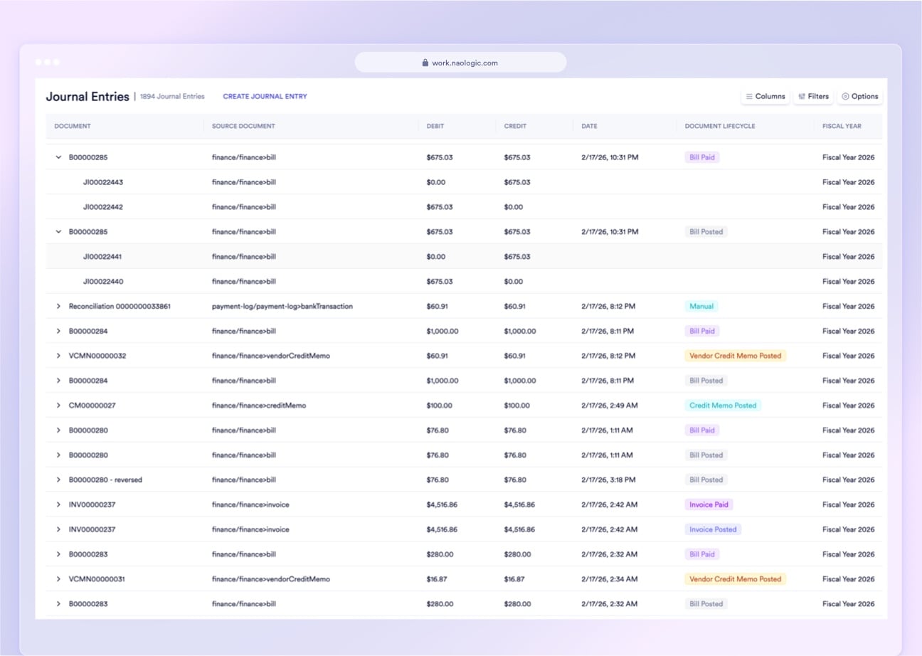 Naologic AP dashboard showing 3-way match verification panel linking PO, Goods Receipt, and vendor bill with payment status