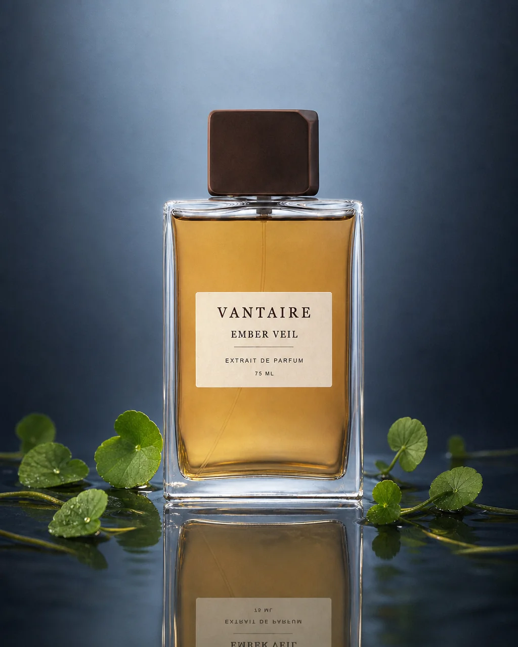 EMBER VEIL low-angle reflection with cool botanical detail.