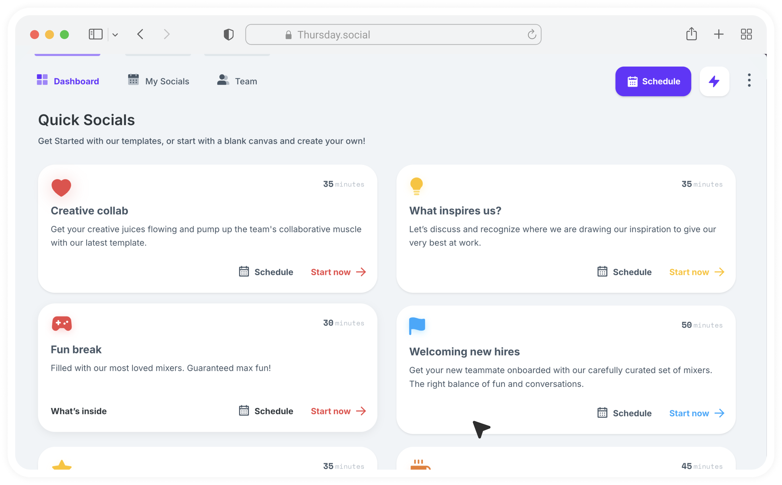 The dashboard: Quick Socials, a grid of mixer templates such as Creative collab, What inspires us?, Fun break and Welcoming new hires, each with Schedule and Start now