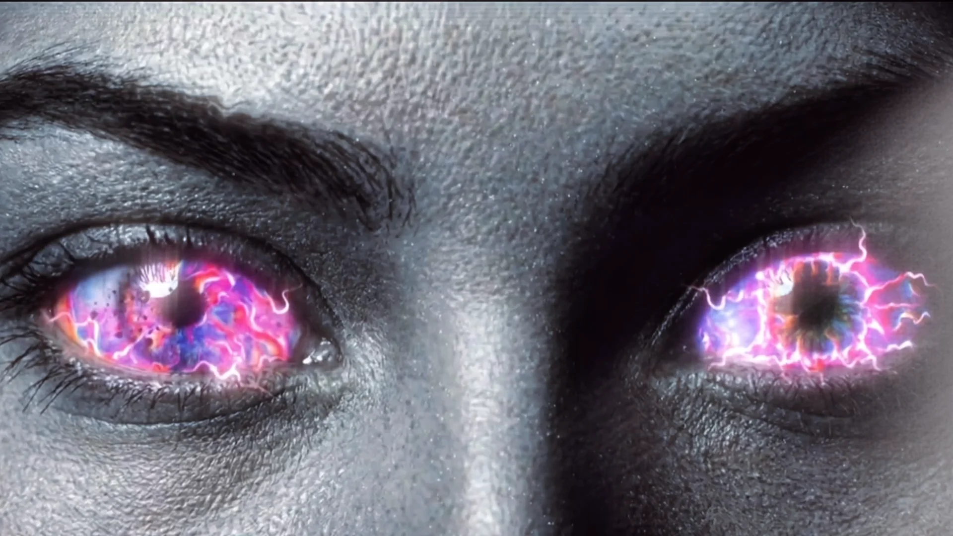Animation of a silver face opening eyes full of galaxies