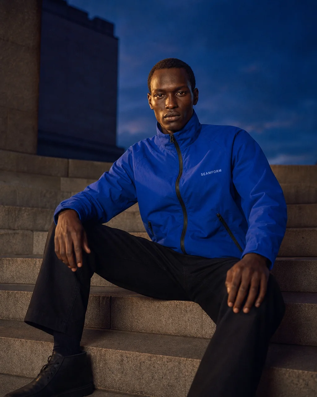 A model seated on city steps at blue hour in the SEAMFORM SF-01.