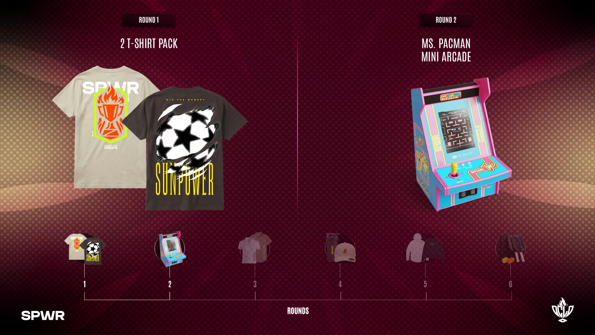 SPWR shirts and a branded mini arcade presented as round-one and round-two incentives.