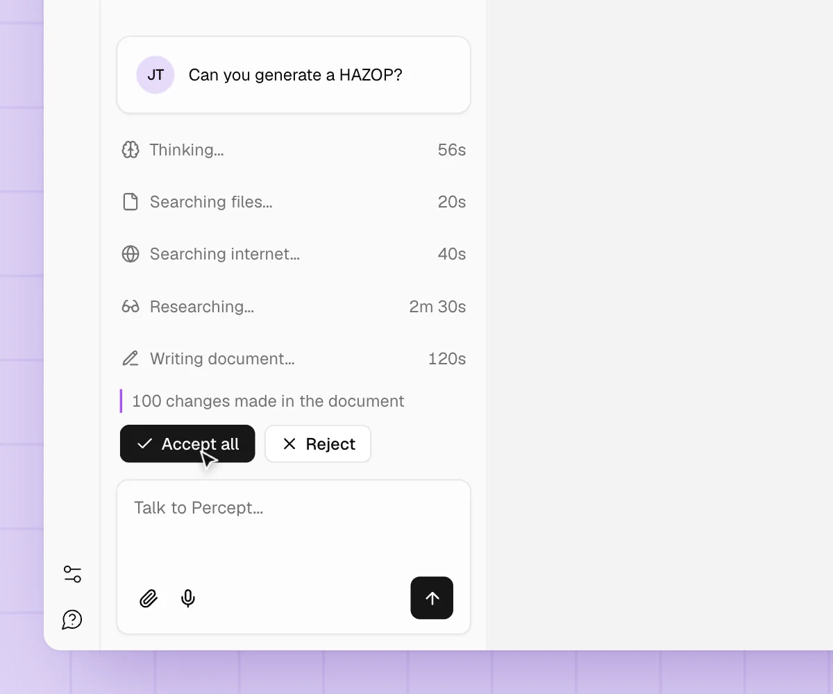 Percept chat panel with Accept all and Reject