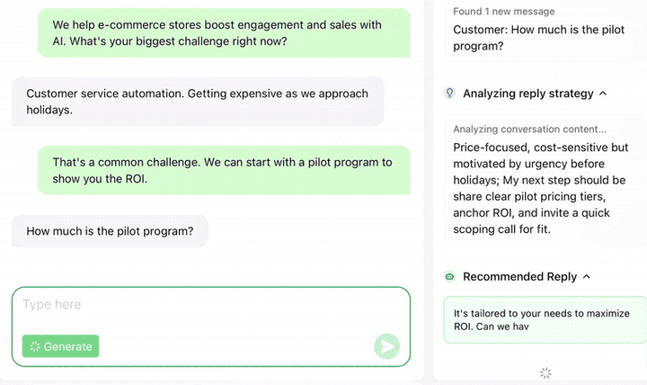 Dealism AI Customer Agent analyzing a customer reply and generating a recommended response