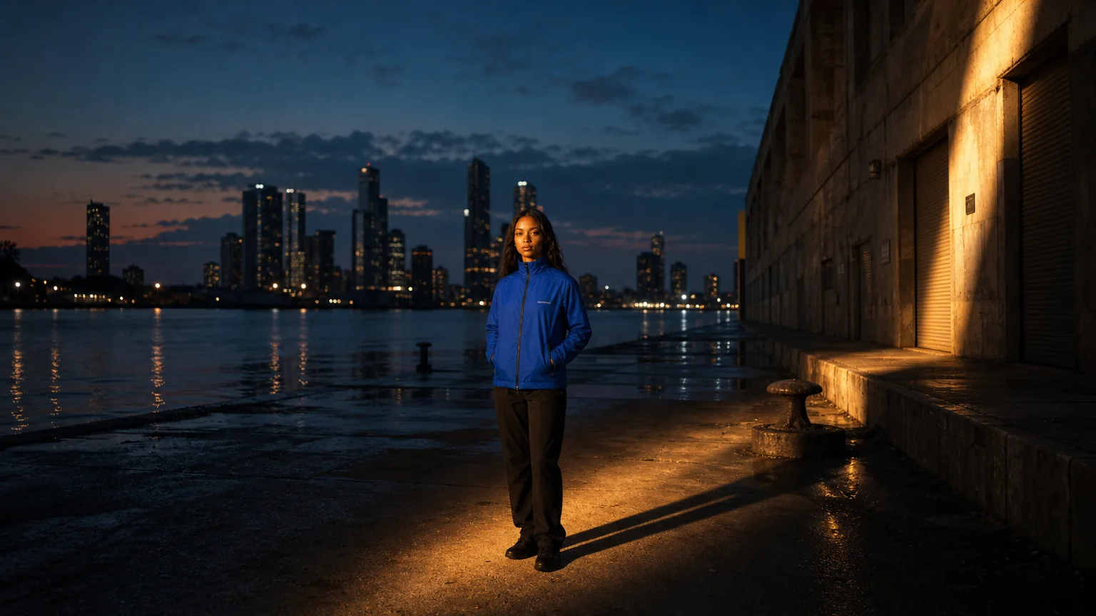 A model lit against a wall on the water at blue hour in the SEAMFORM SF-01.