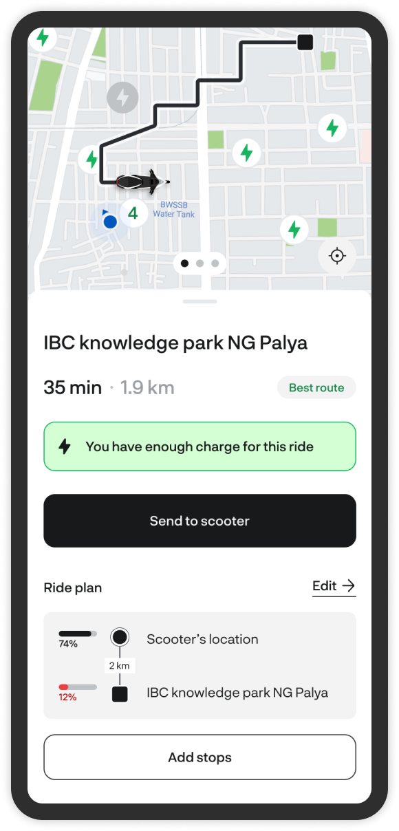 The trip planner: a route map, 35 minutes and 1.9 km, a Send to scooter button and a ride plan