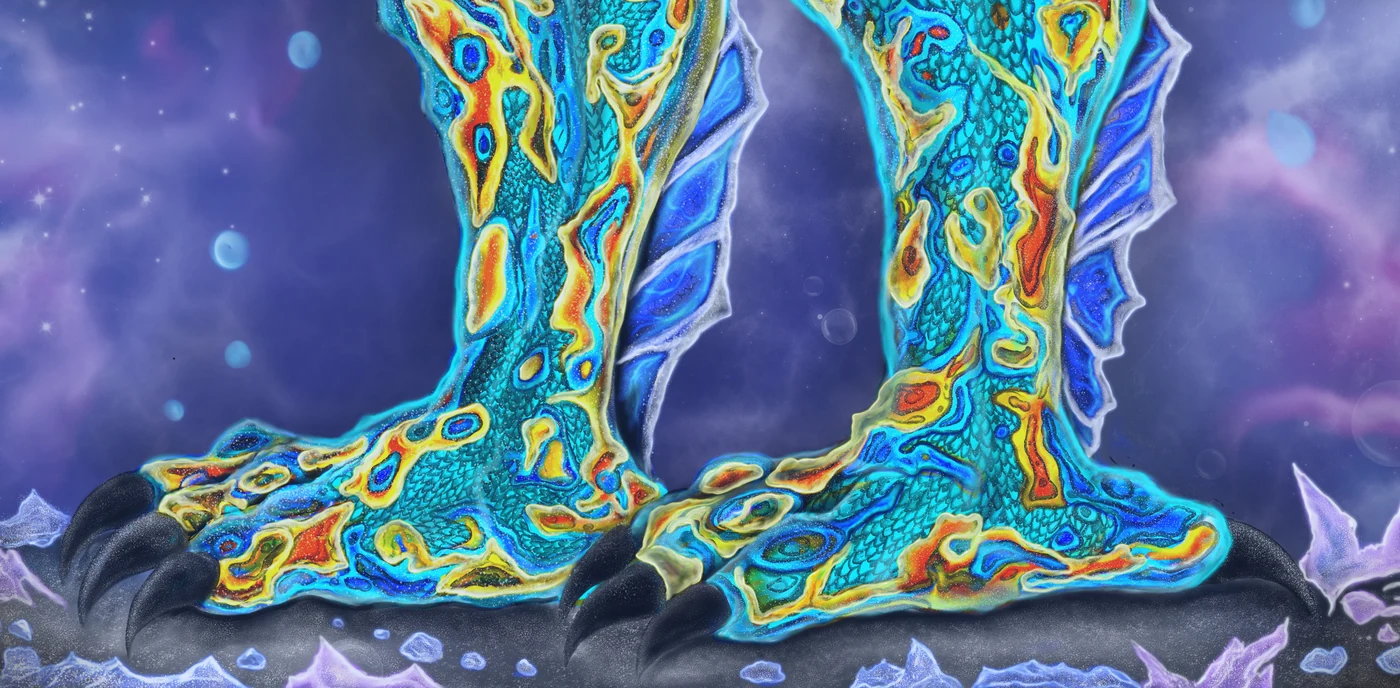 Detail of Gill: his clawed feet on crystal ground