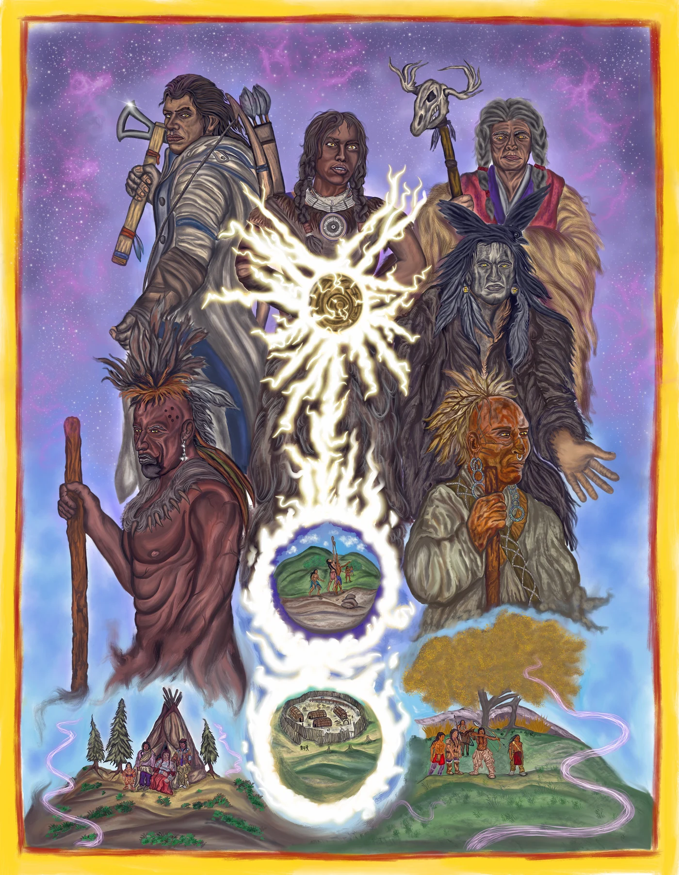 Painting of ancestral figures around a lightning orb and three village scenes