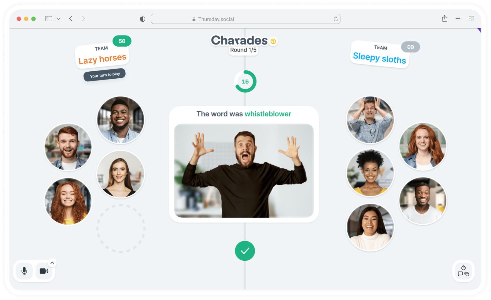 Charades, round 1 of 5: two teams, Lazy horses and Sleepy sloths, with a row of players each, and a man acting out the word ‘whistleblower’ in the middle