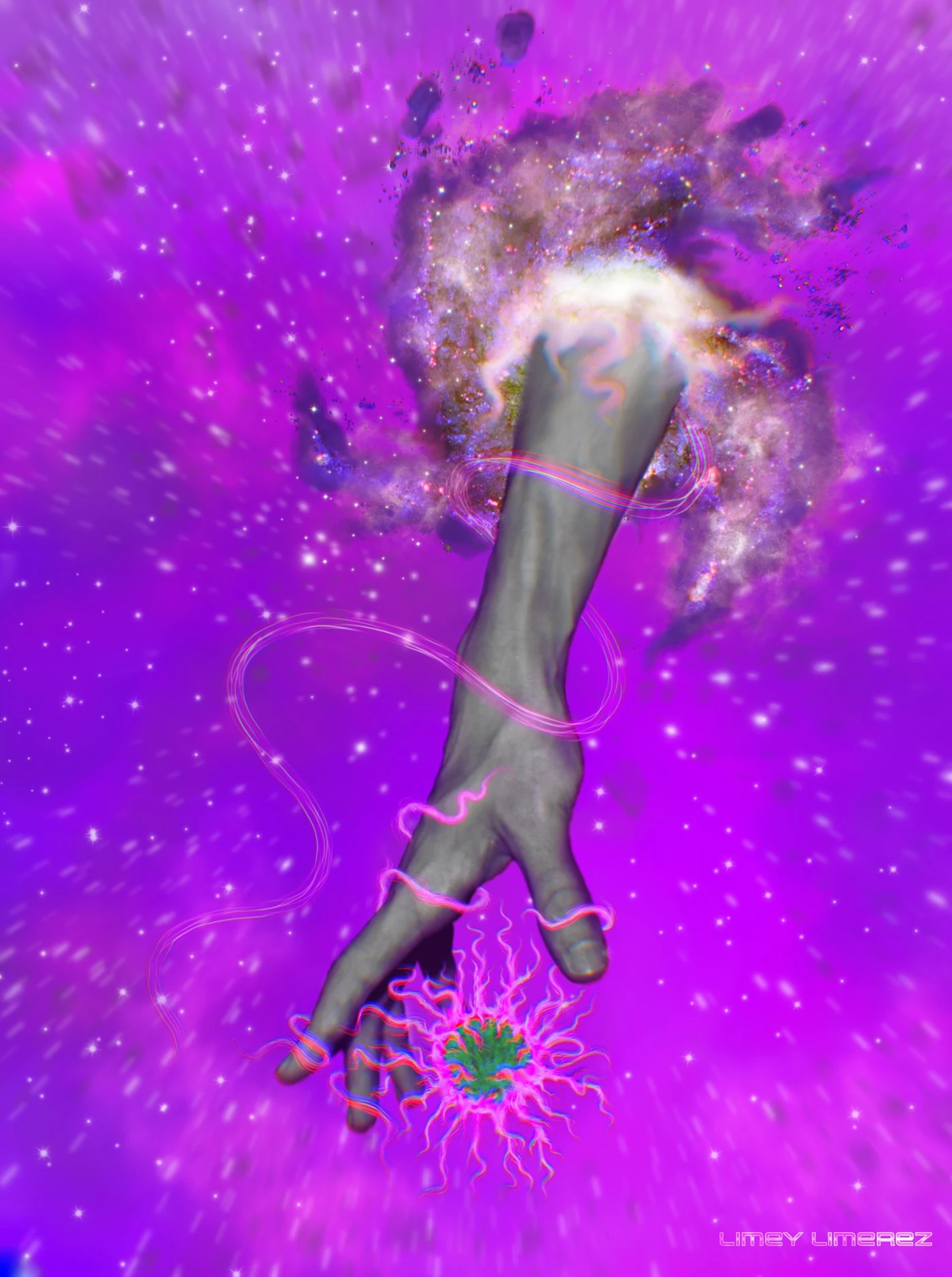 Purple galaxy painting of an arm wrapped in pink thread holding a glowing flower