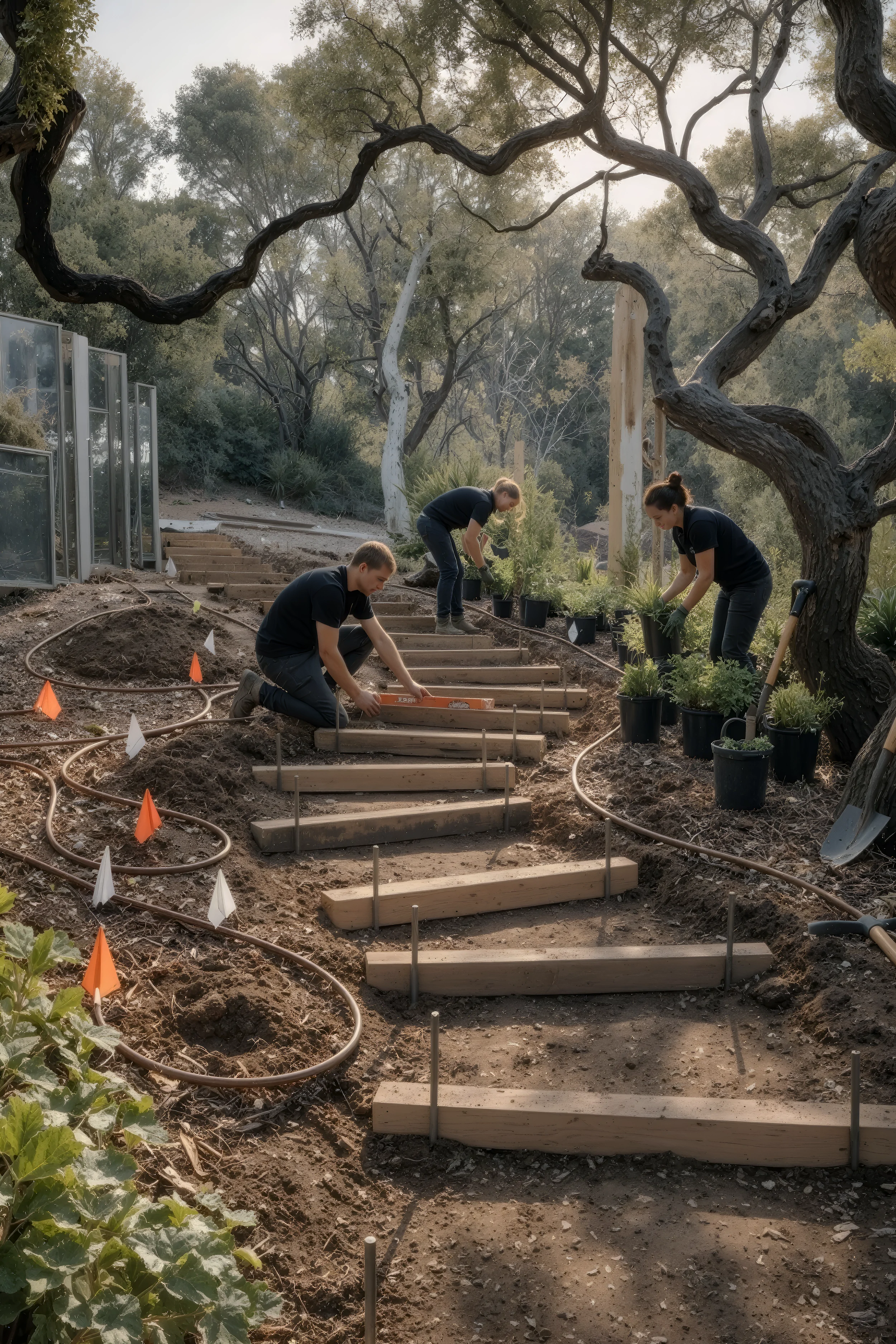 Landscape construction team setting steps and planting containers along a woodland pathway under mature trees.