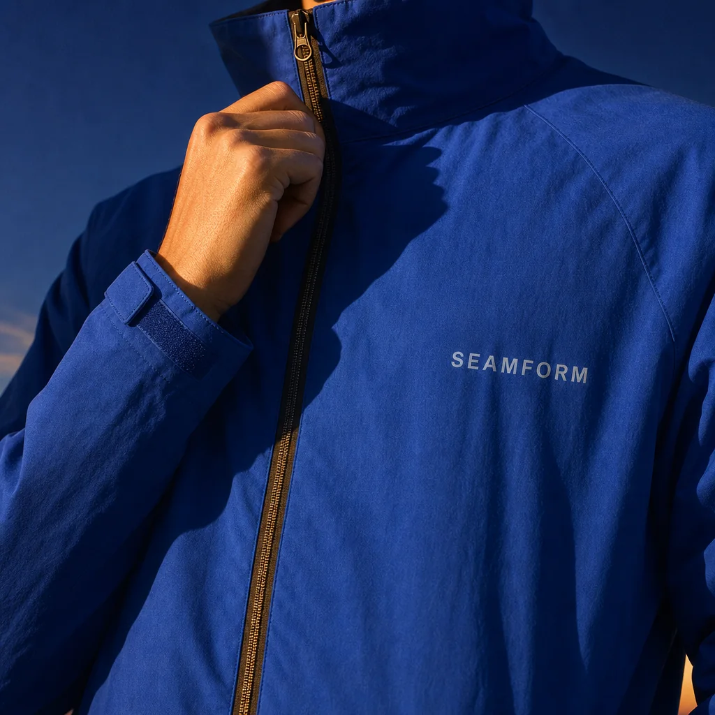 Close study of the SEAMFORM SF-01 centre zip, held open by hand.