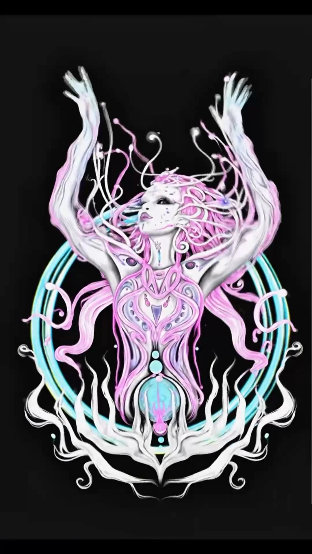 Animation of a pink and white cosmic goddess raising her arms