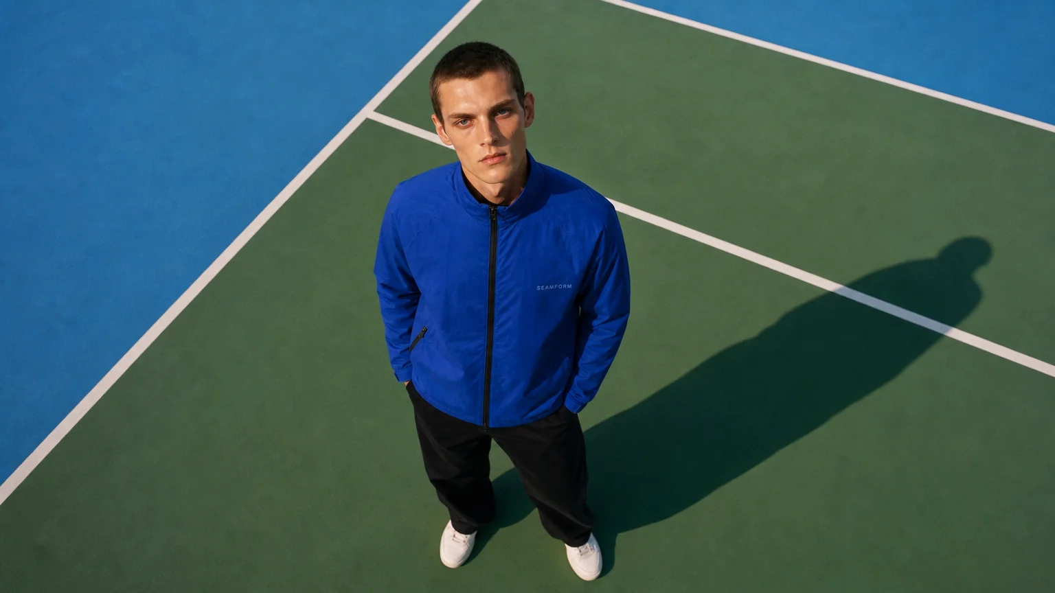 A model looking up from a tennis court in the SEAMFORM SF-01.