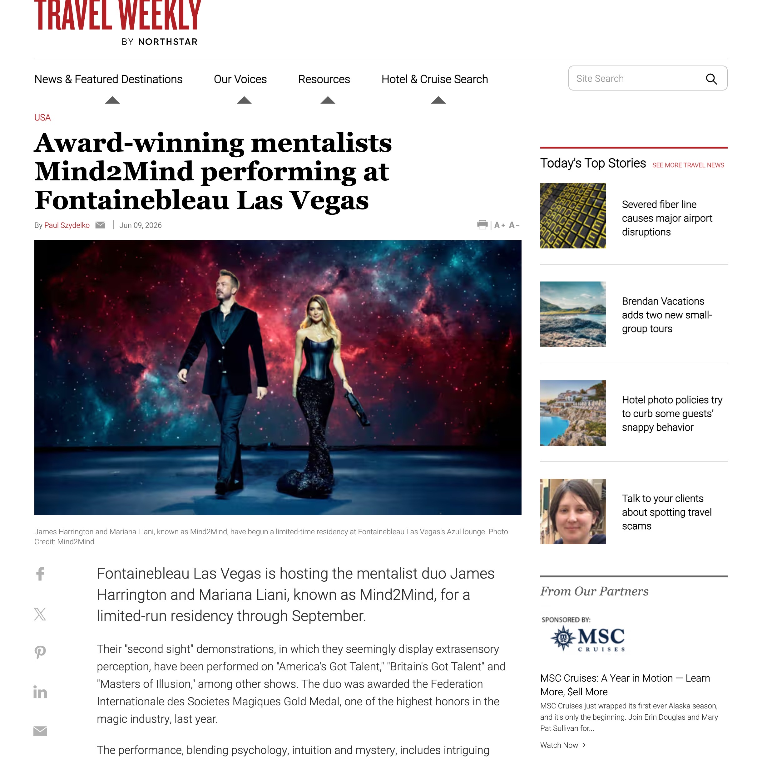 Travel Weekly article: Award-winning mentalists Mind2Mind performing at Fontainebleau Las Vegas