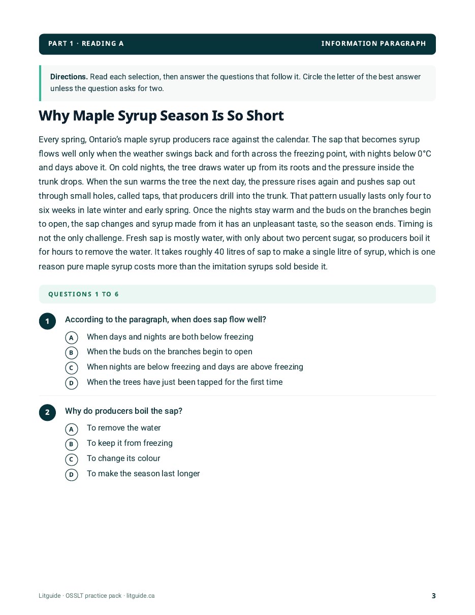 Reading page from the OSSLT practice test PDF with multiple-choice questions