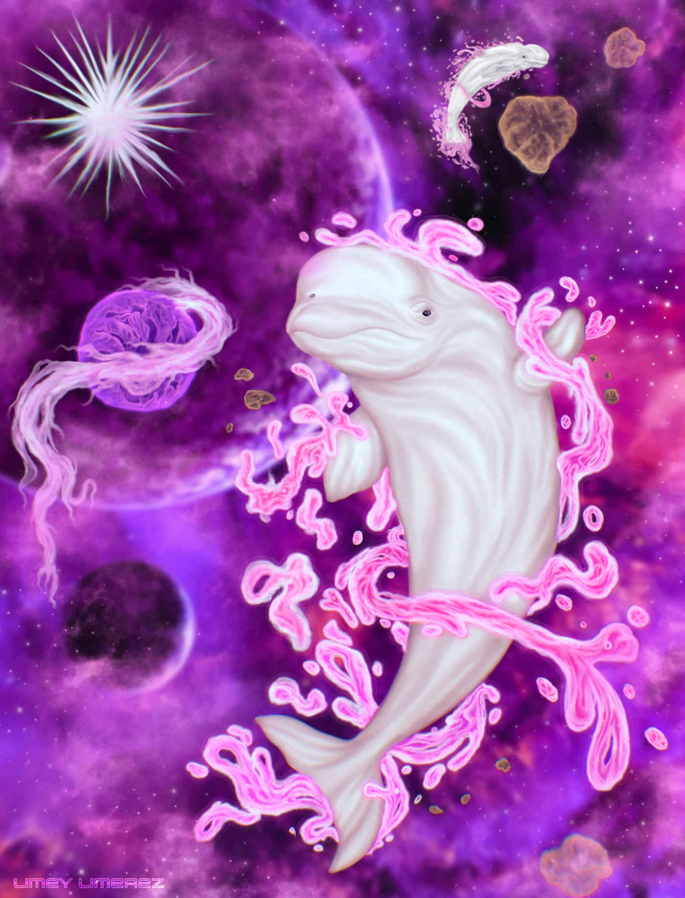 Painting of a white beluga wrapped in pink water swirls in purple space