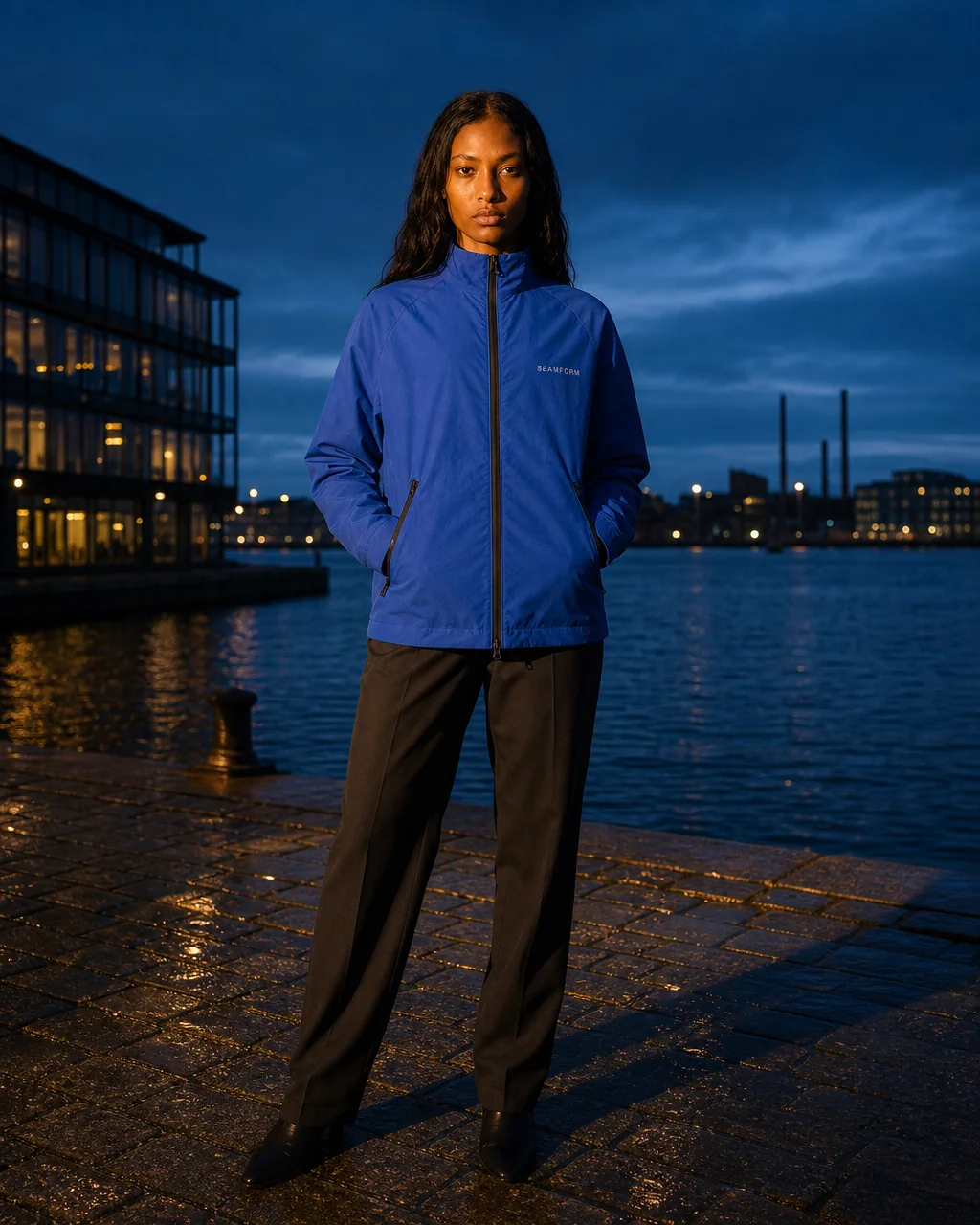 A model on a wet waterfront at blue hour in the SEAMFORM SF-01.