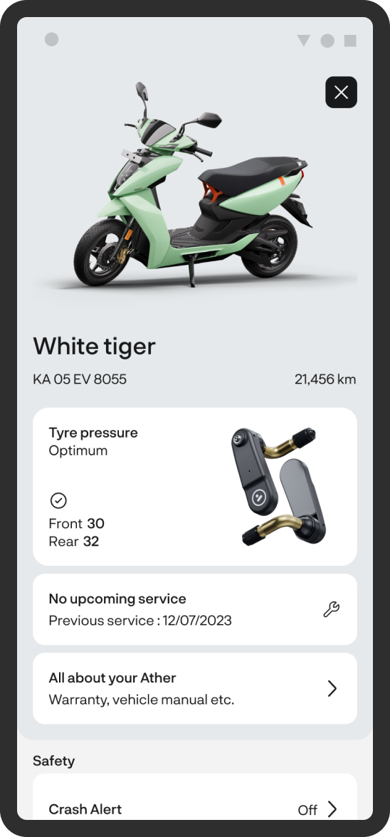 The vehicle details page for a scooter named White tiger: tyre pressure, service and warranty cards