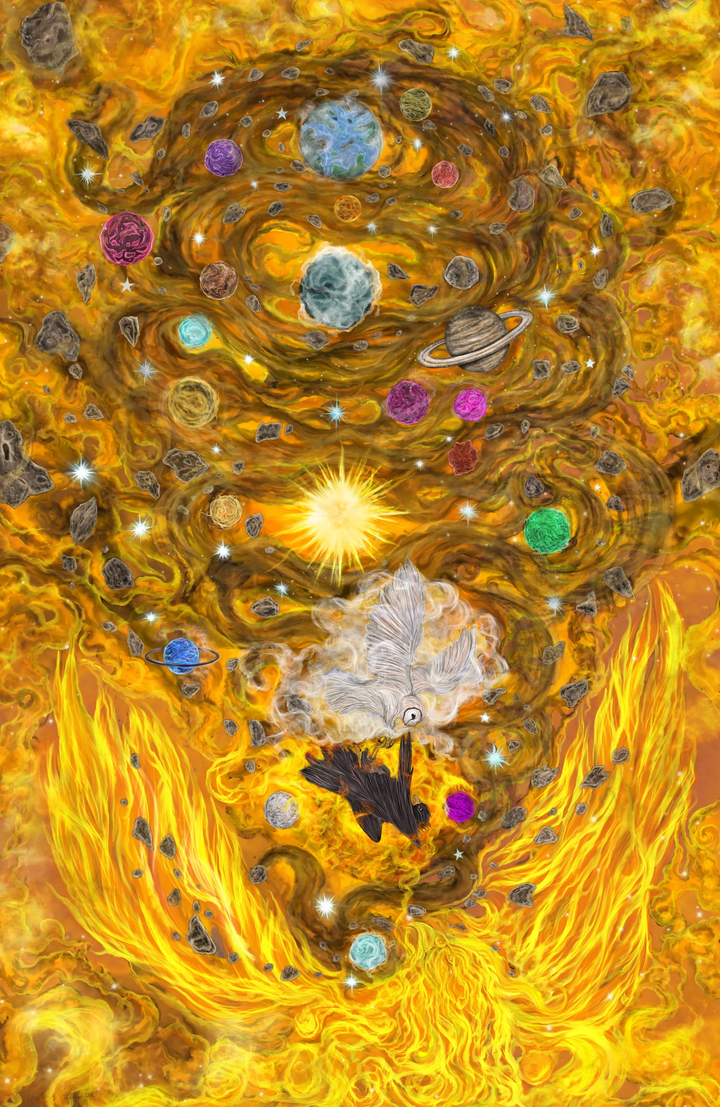 Painting of a golden cosmos of planets swirling around a radiant sun