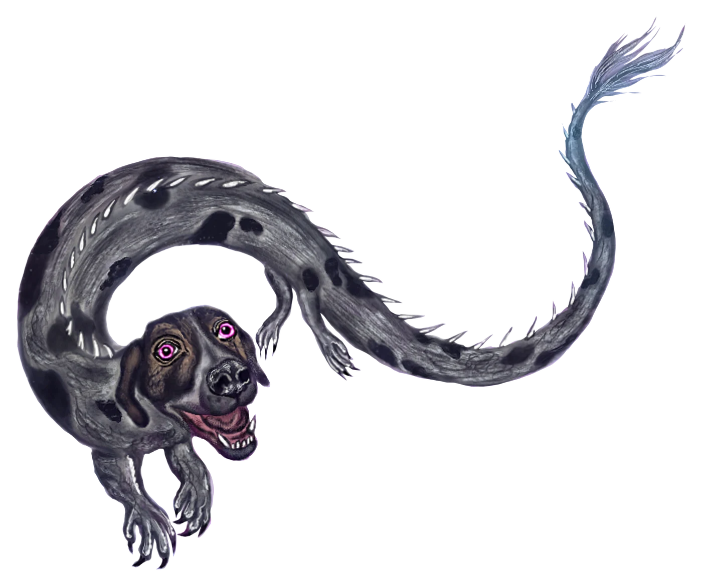 Painting of a spotted serpent dog with a finned tail