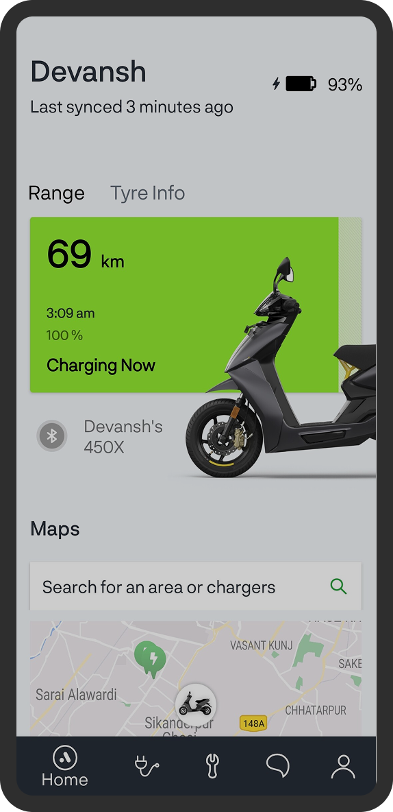 The old Ather app home screen: battery at 93%, a range tab with 69 km on a green block, a scooter picture and a map below