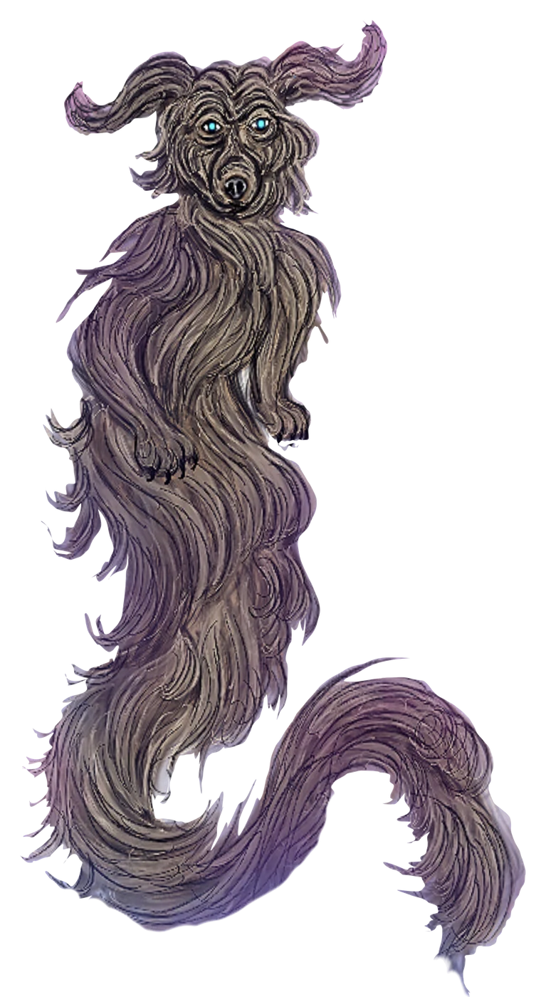Painting of a long-haired cosmic dog with wing-like ears