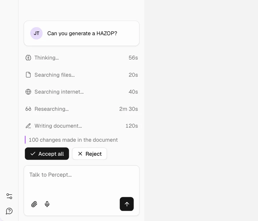 Close-up of the Percept chat panel: a hundred changes made in the document, waiting on Accept all or Reject