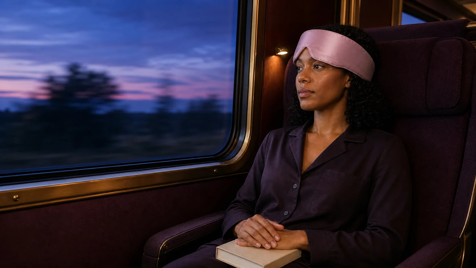Amara at an evening train window wearing the hush-pink mask
