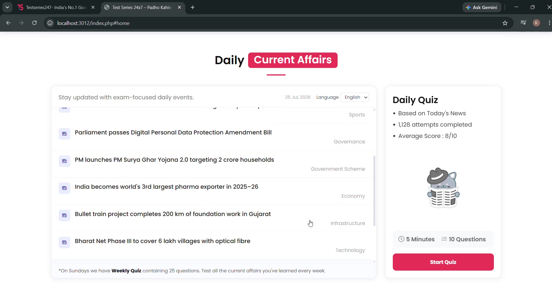 Daily and weekly current affairs quiz
