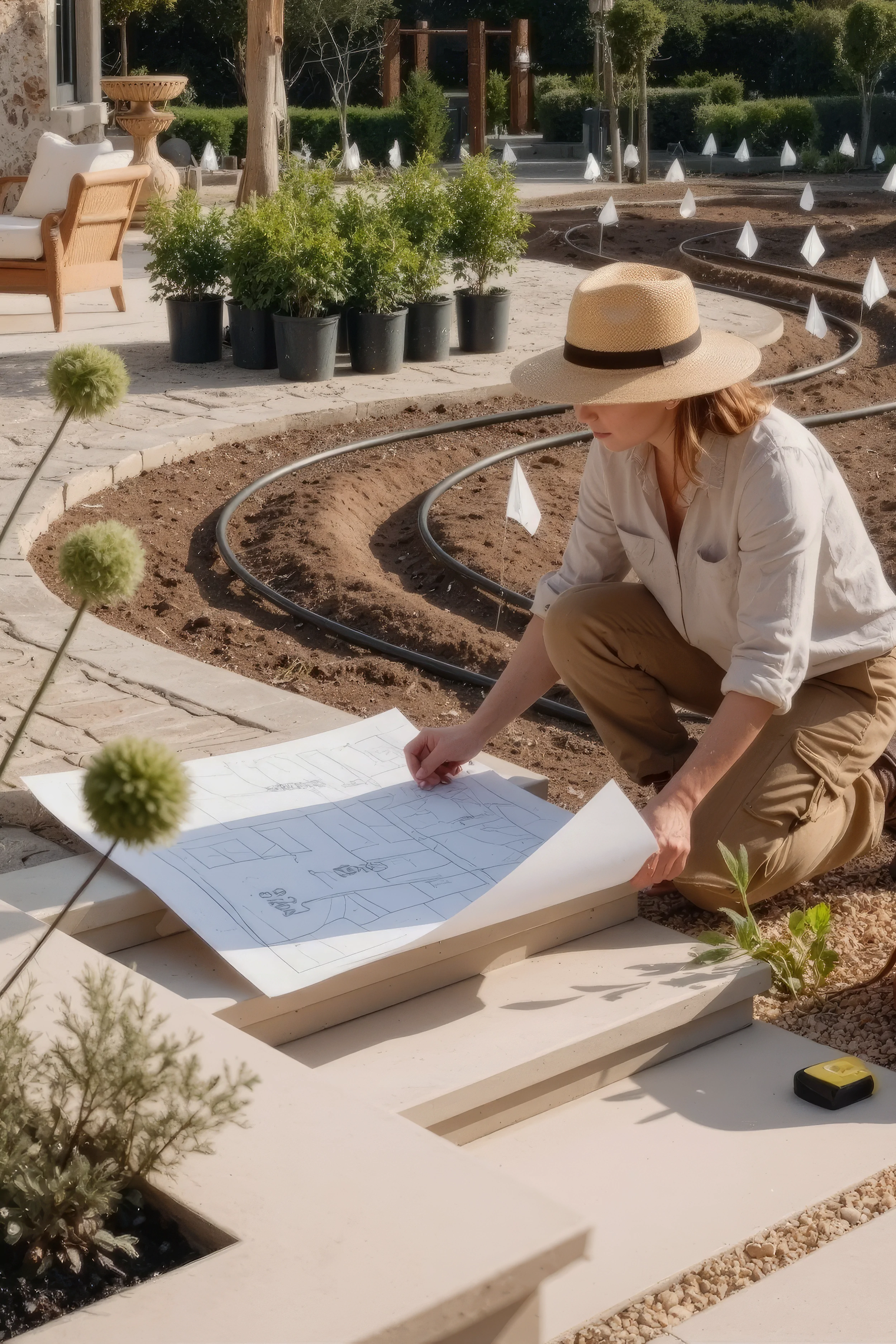 Landscape designer reviewing site plans on a constructed grading outline surrounded by planting pots and early layout markers.
