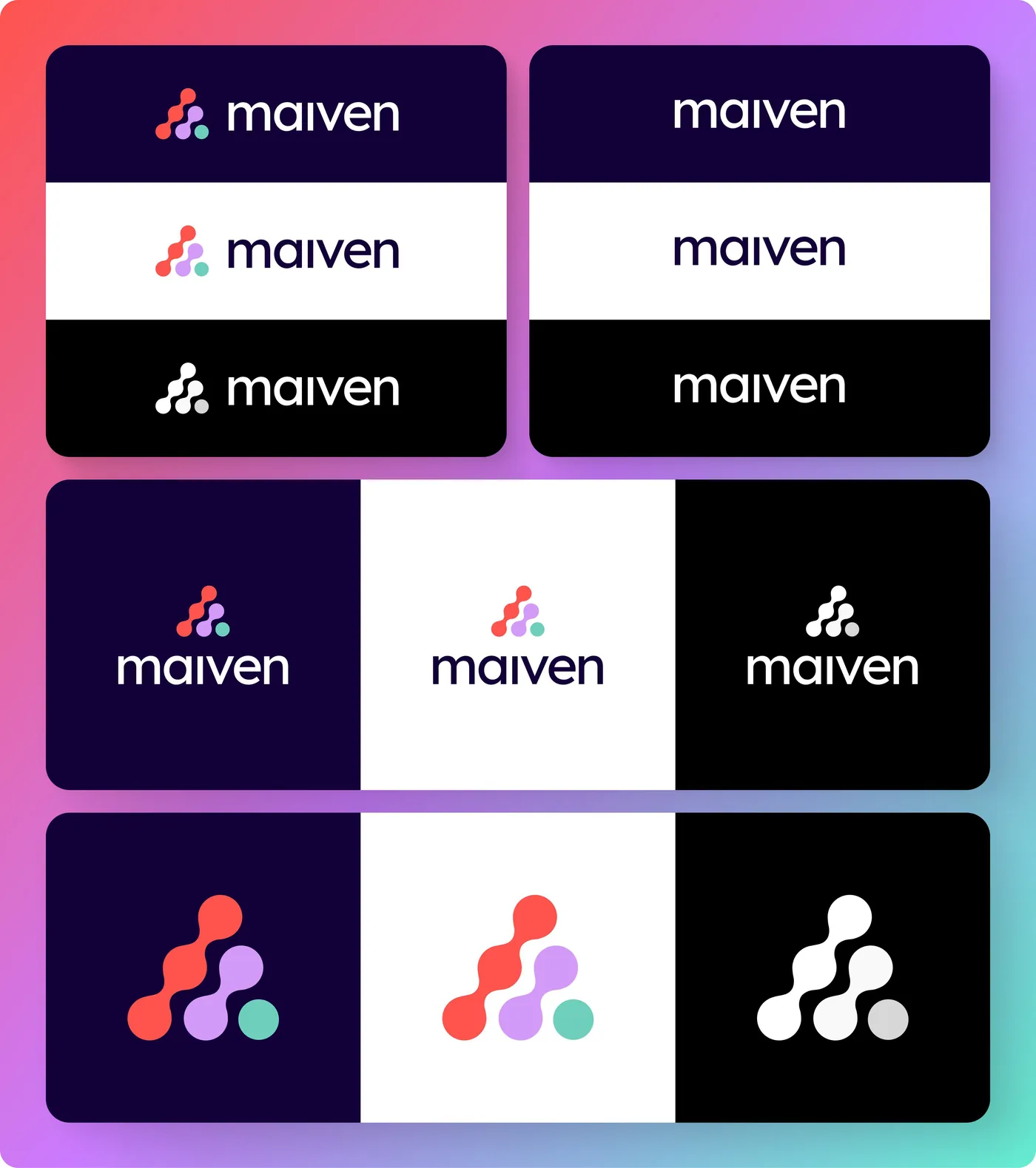 Maiven logo system: wordmark and mark on light, dark and black, stacked and icon-only