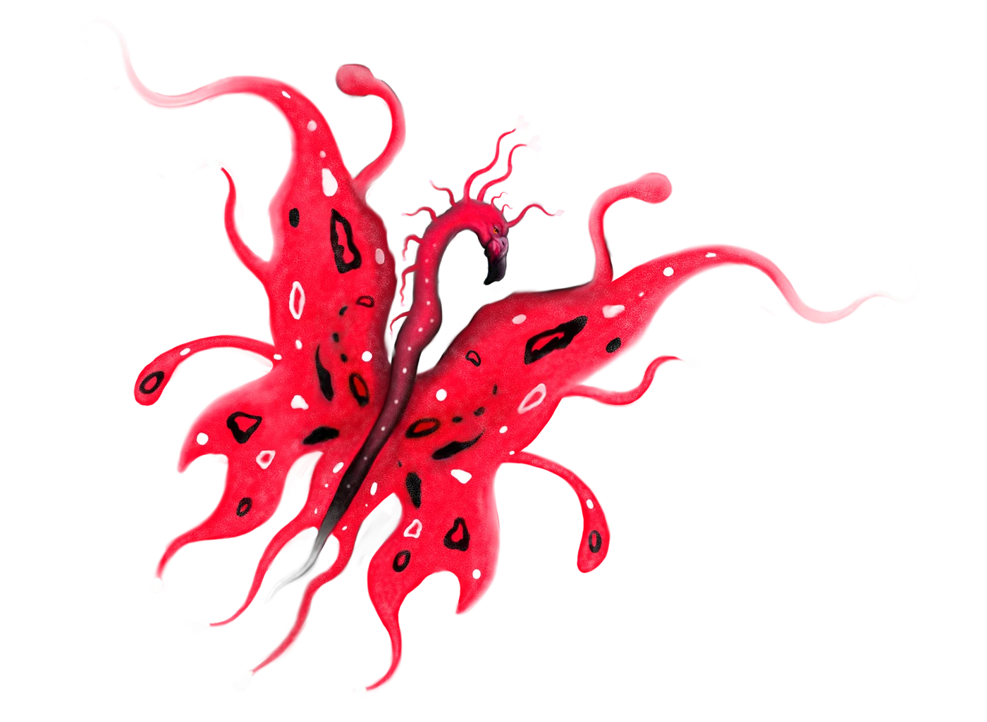 A red flamingo butterfly glowing in the dark