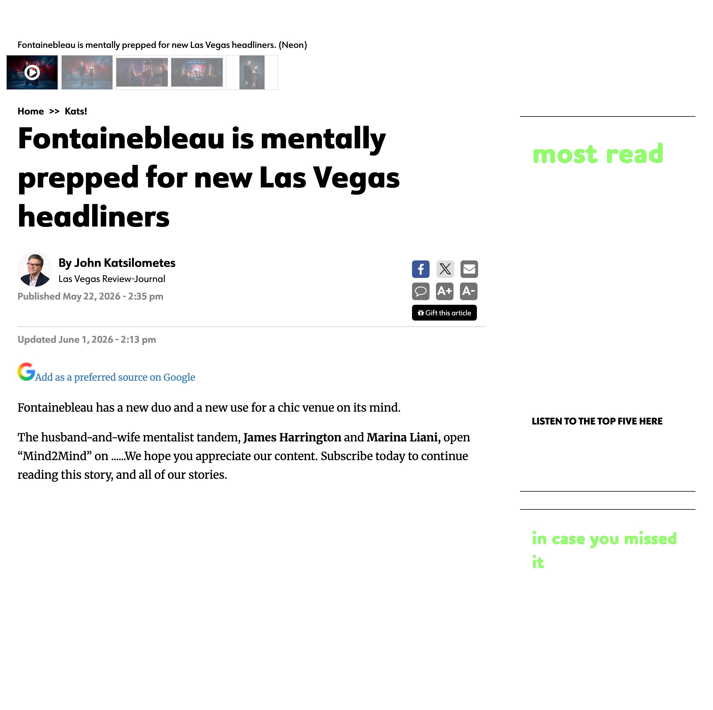 Las Vegas Review-Journal article: Fontainebleau is mentally prepped for new Las Vegas headliners