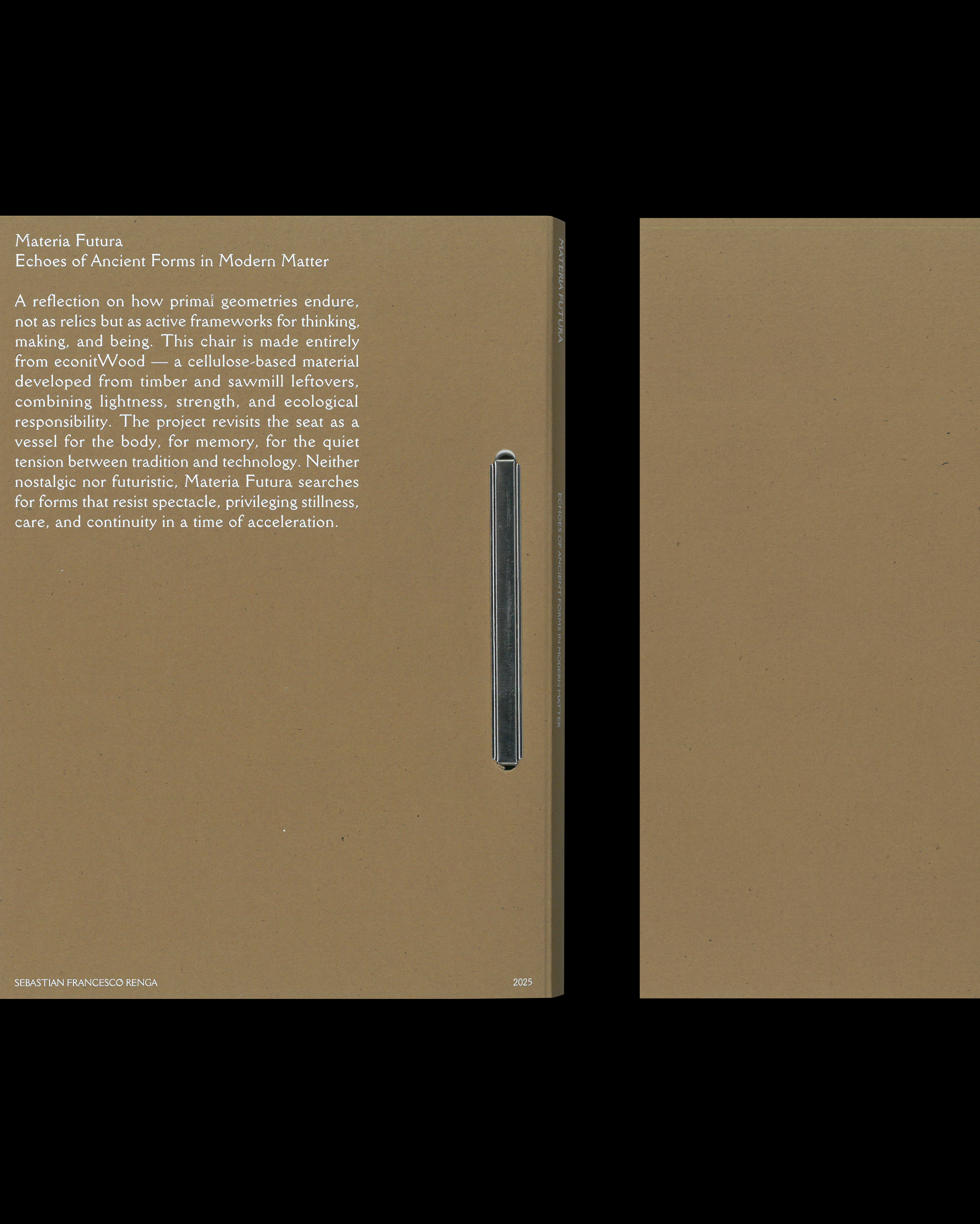 Back cover and spine of the Materia Futura booklet, with white text on kraft paper and a metallic clip binding.