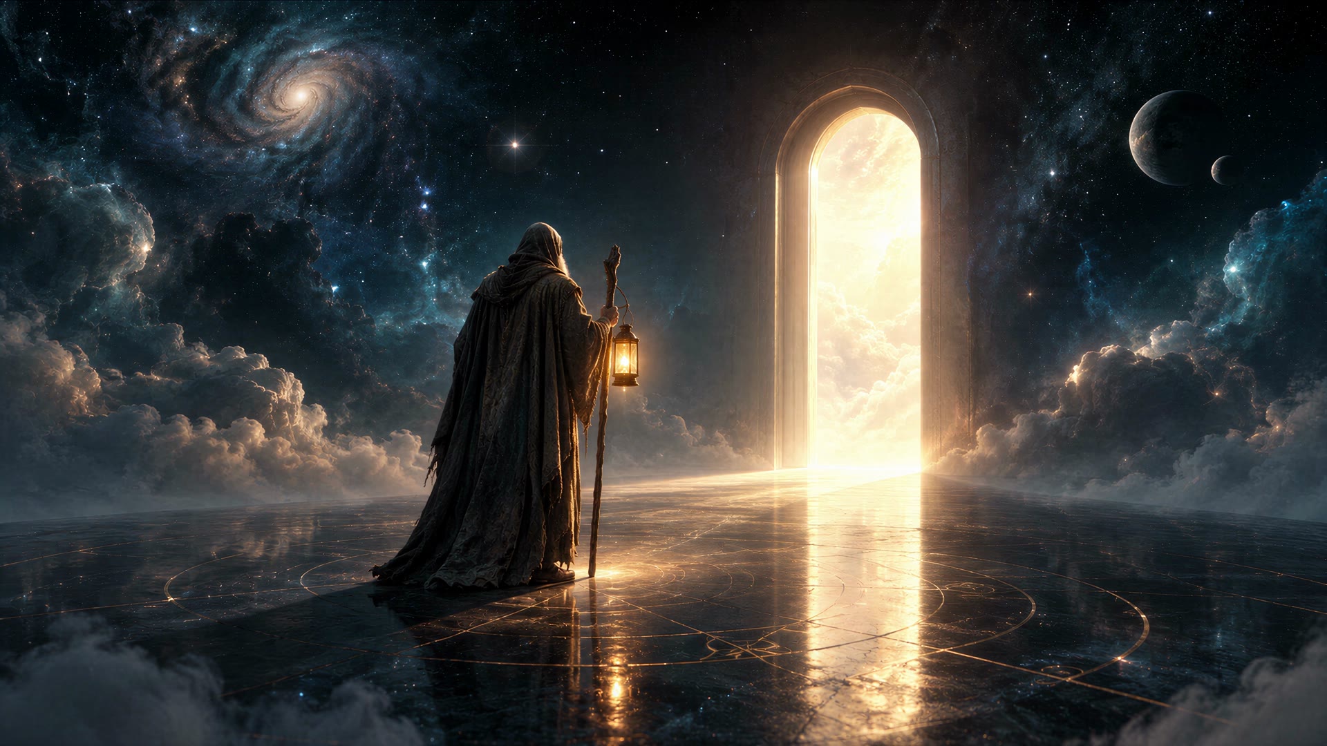 A cloaked traveler carrying a lantern approaches a luminous doorway across a reflective landscape.